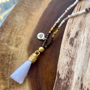 Native American Multi Earth Color Mala Prayer Bead Necklace with White tassel