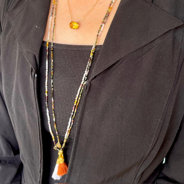 Multi Tourmaline Mala Prayer Bead Necklace with Rust Tassel