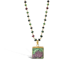 High Frequency Ruby Zoisite Carved Buddha Mala Prayer Bead