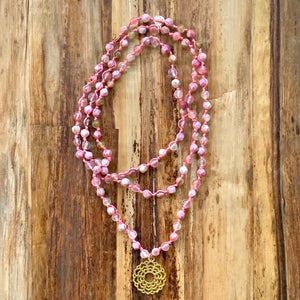 High Frequency Rhodonite Cherry Quartz Mala Prayer Bead Necklace Chakra Charm