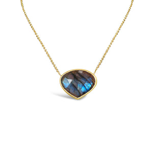 High Frequency Labradorite Crystal Necklace 14K Yellow Gold Bezel Pendant