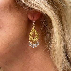 22k Gold-Plated Teardrop Filigree Earrings with Aquamarine for Elegance and Tranquility