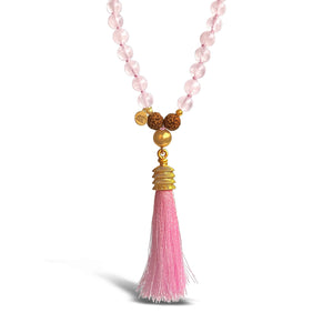 Rose Quartz Mala Prayer Bead Necklace Rudraksha Silk Tassel