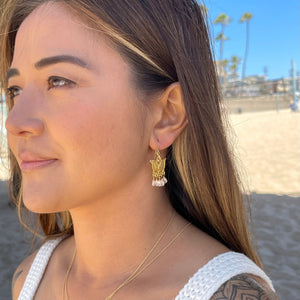 Rose Quartz Chandelier Earrings Lotus 22K Gold Plated Indian Jewelry