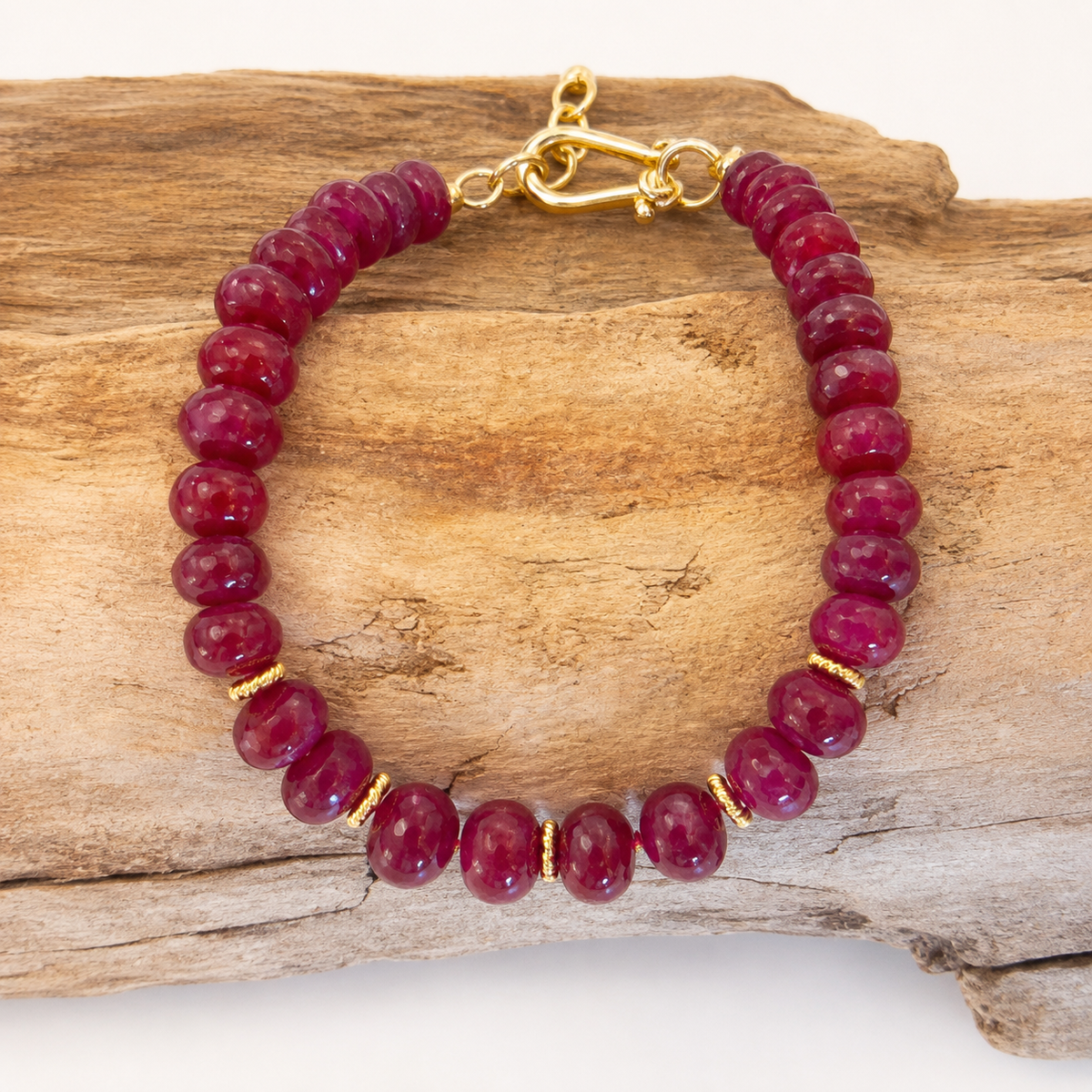 Ruby Beaded Bracelet with 14k Gold Floral Spacers