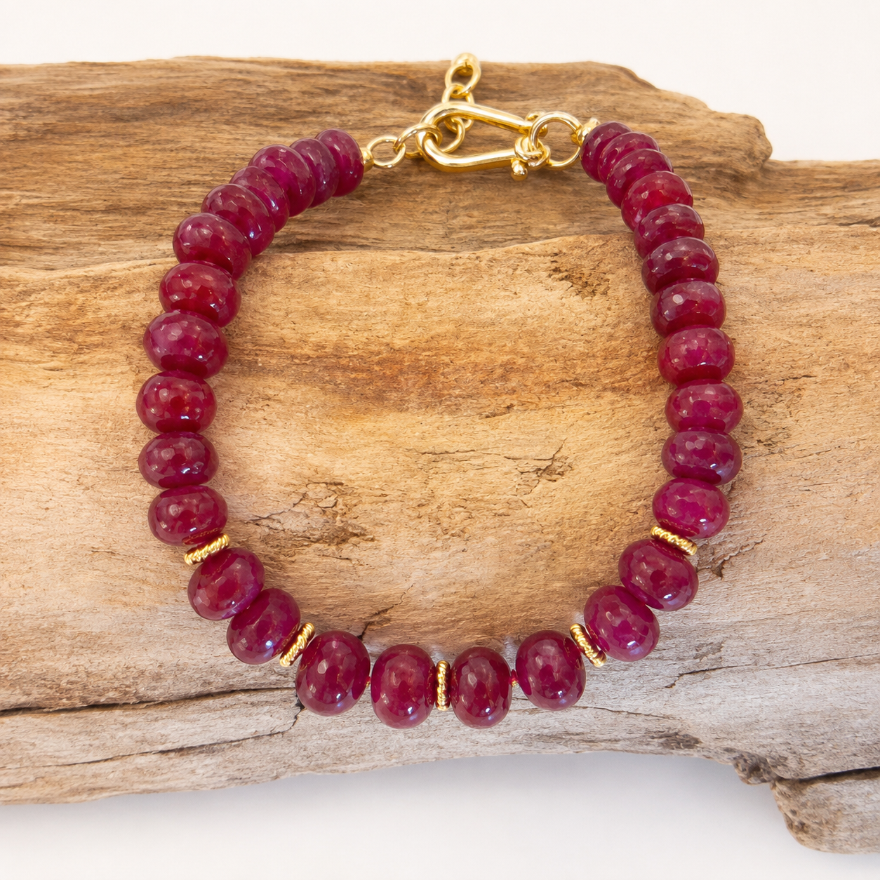 Ruby Beaded Bracelet with 14k Gold Floral Spacers