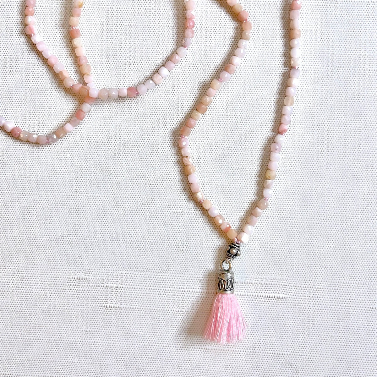 Pink Opal Mala Prayer Bead Necklace with Silver Guru Bead &amp; Pink Tassel