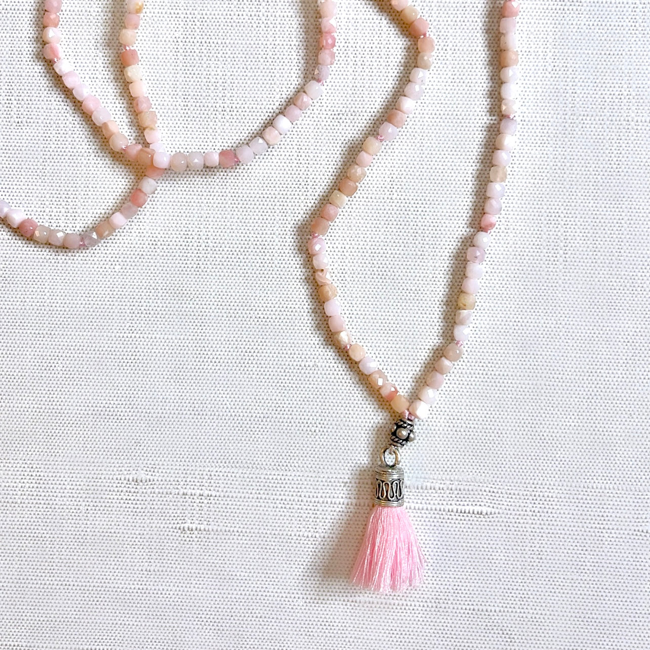 Pink Opal Mala Prayer Bead Necklace with Silver Guru Bead & Pink Tassel
