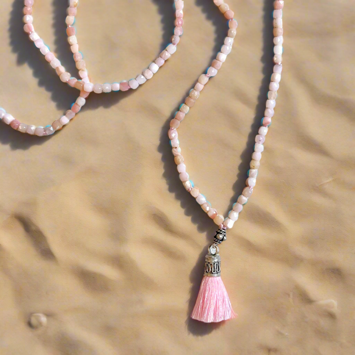 Pink Opal Mala Prayer Bead Necklace with Silver Guru Bead &amp; Pink Tassel