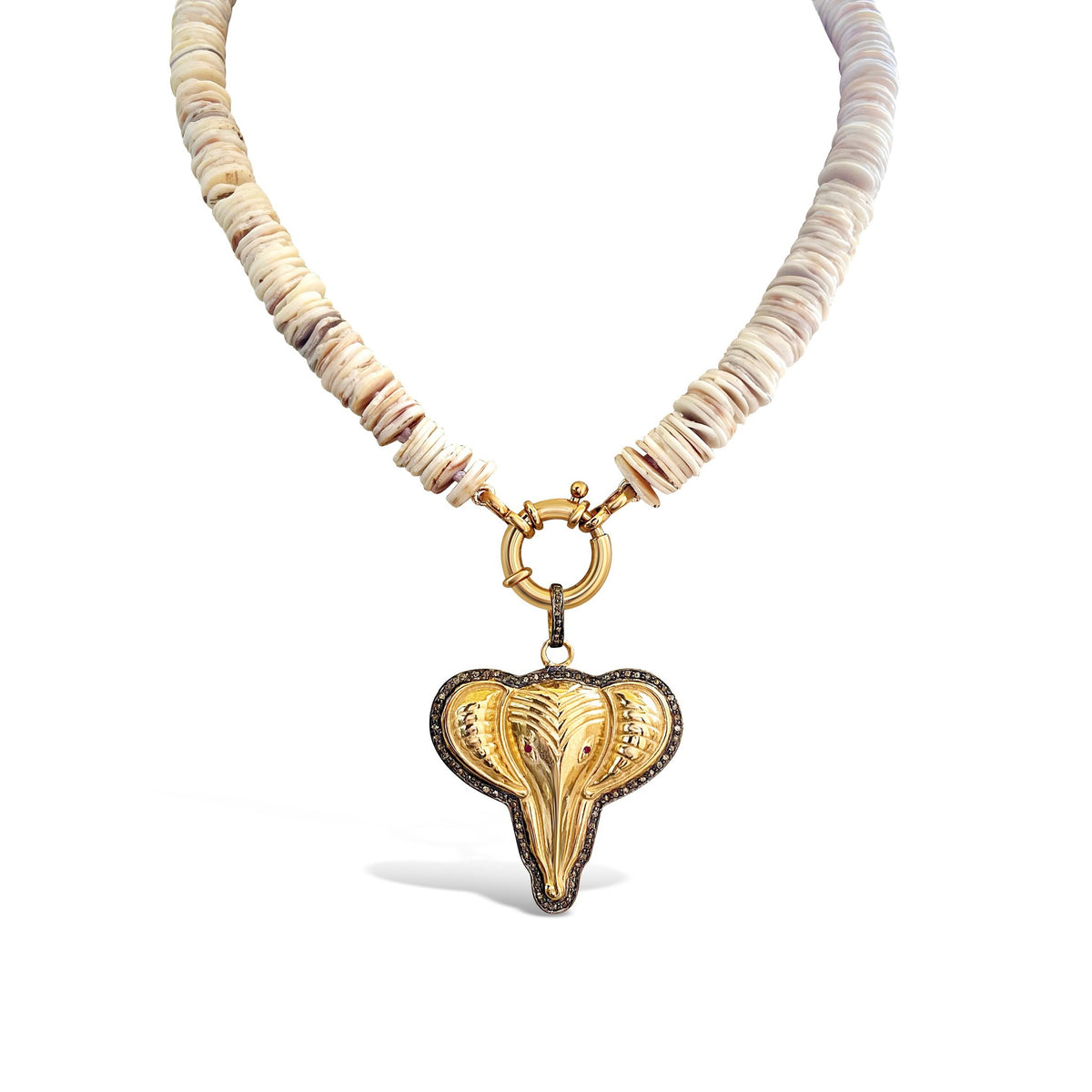 High Frequency Ostrich Shell Necklace with Ganesha Amulet Pendant