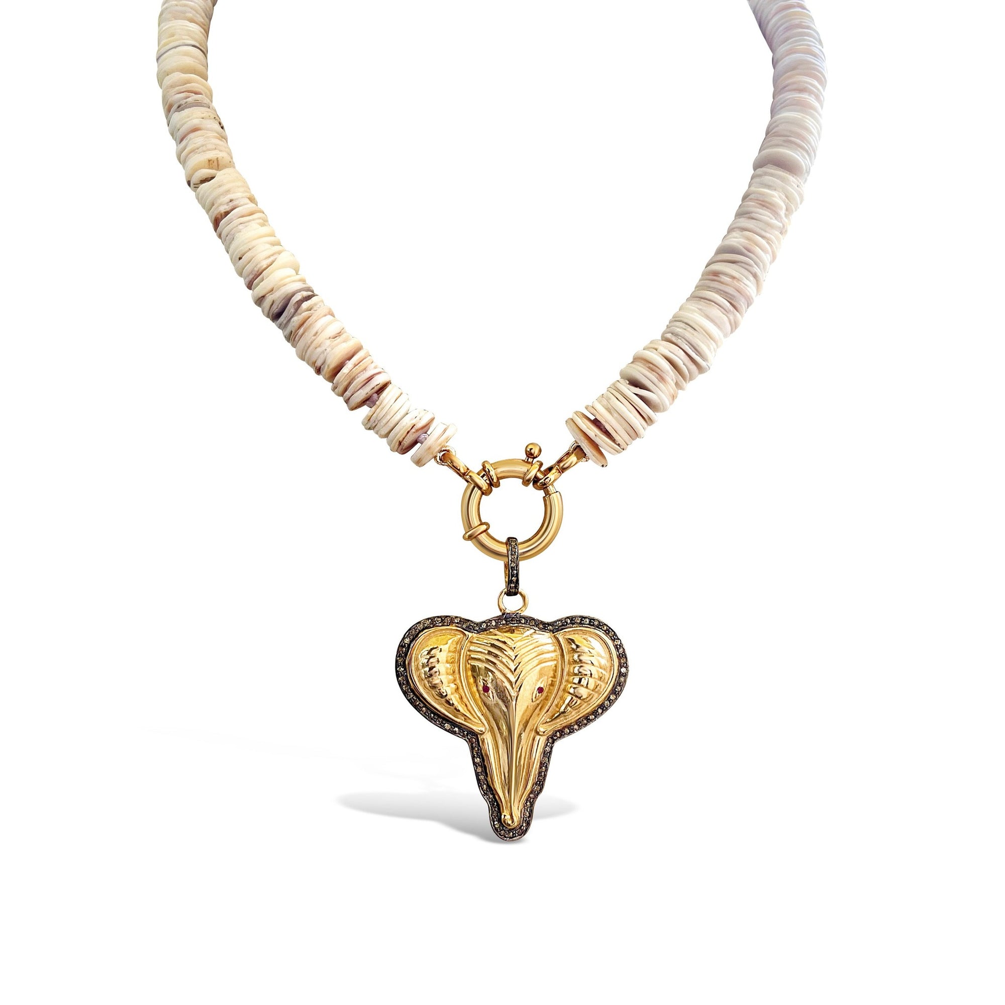 Ostrich Shell Crystal Necklace with Ganesha Amulet Pendant