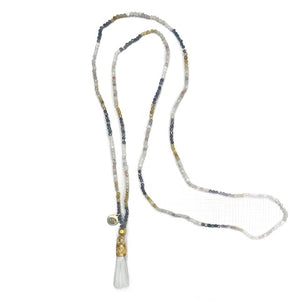 Native American Multi Earth Color Mala Prayer Bead Necklace with White tassel