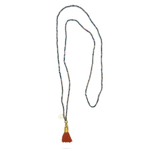 Multi Tourmaline Mala Prayer Bead Necklace with Rust Tassel