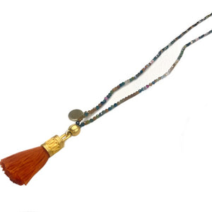 Multi Tourmaline Mala Prayer Bead Necklace with Rust Tassel