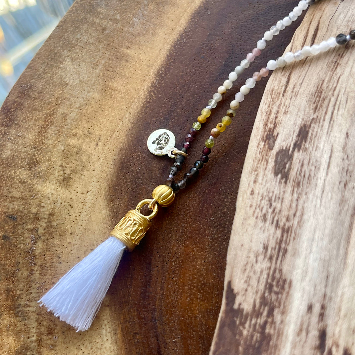 Native American Multi Earth Color Mala Prayer Bead Necklace with White tassel
