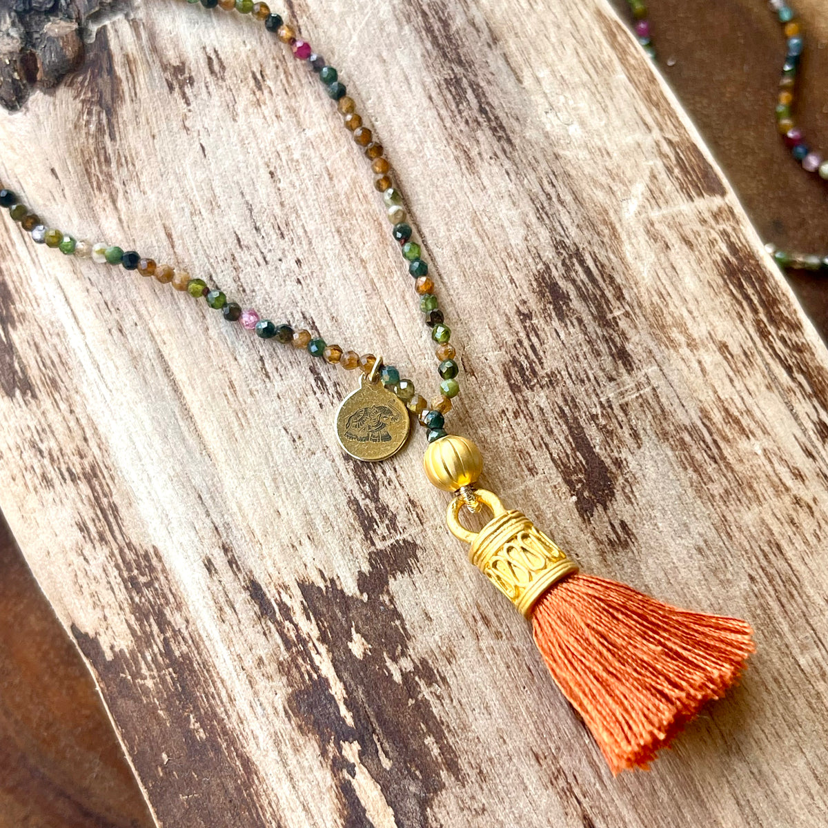 Multi Tourmaline Mala Prayer Bead Necklace with Rust Tassel