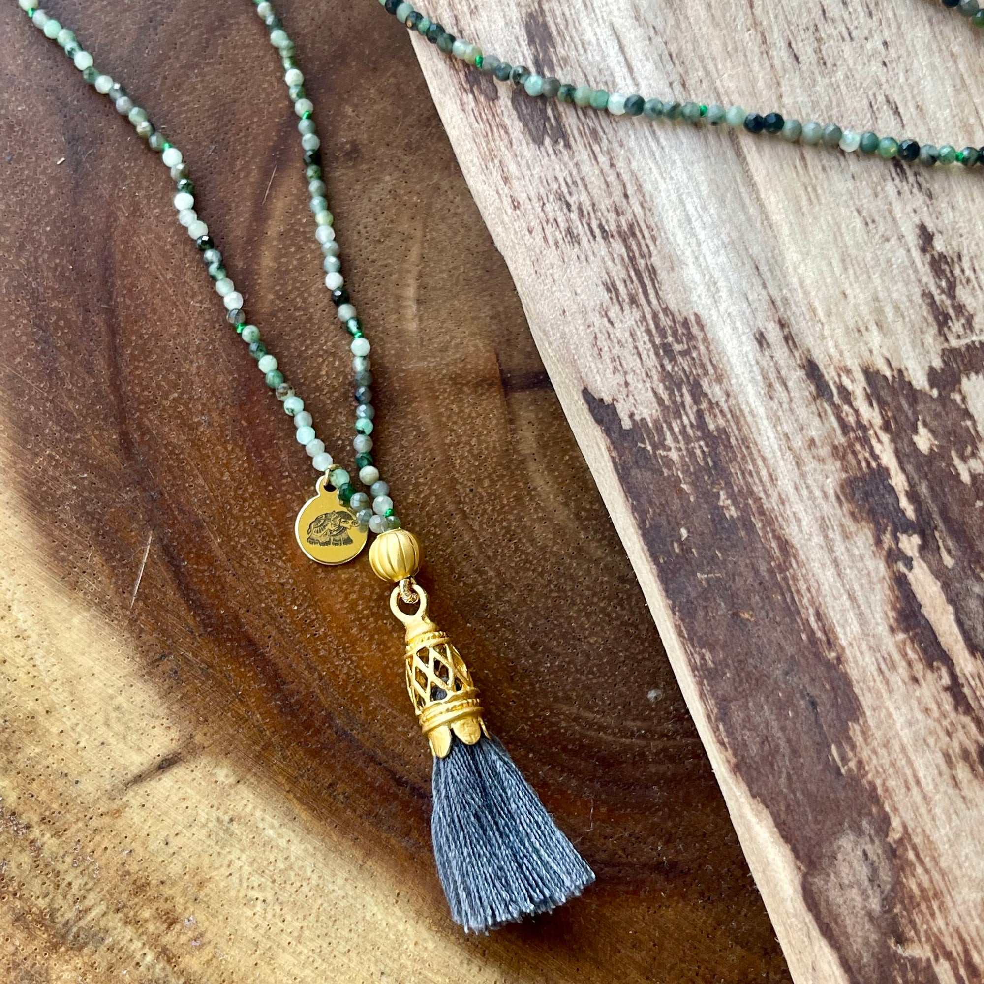 Astrological Gem Emerald Mala Prayer Bead Necklace with Gray Tassel
