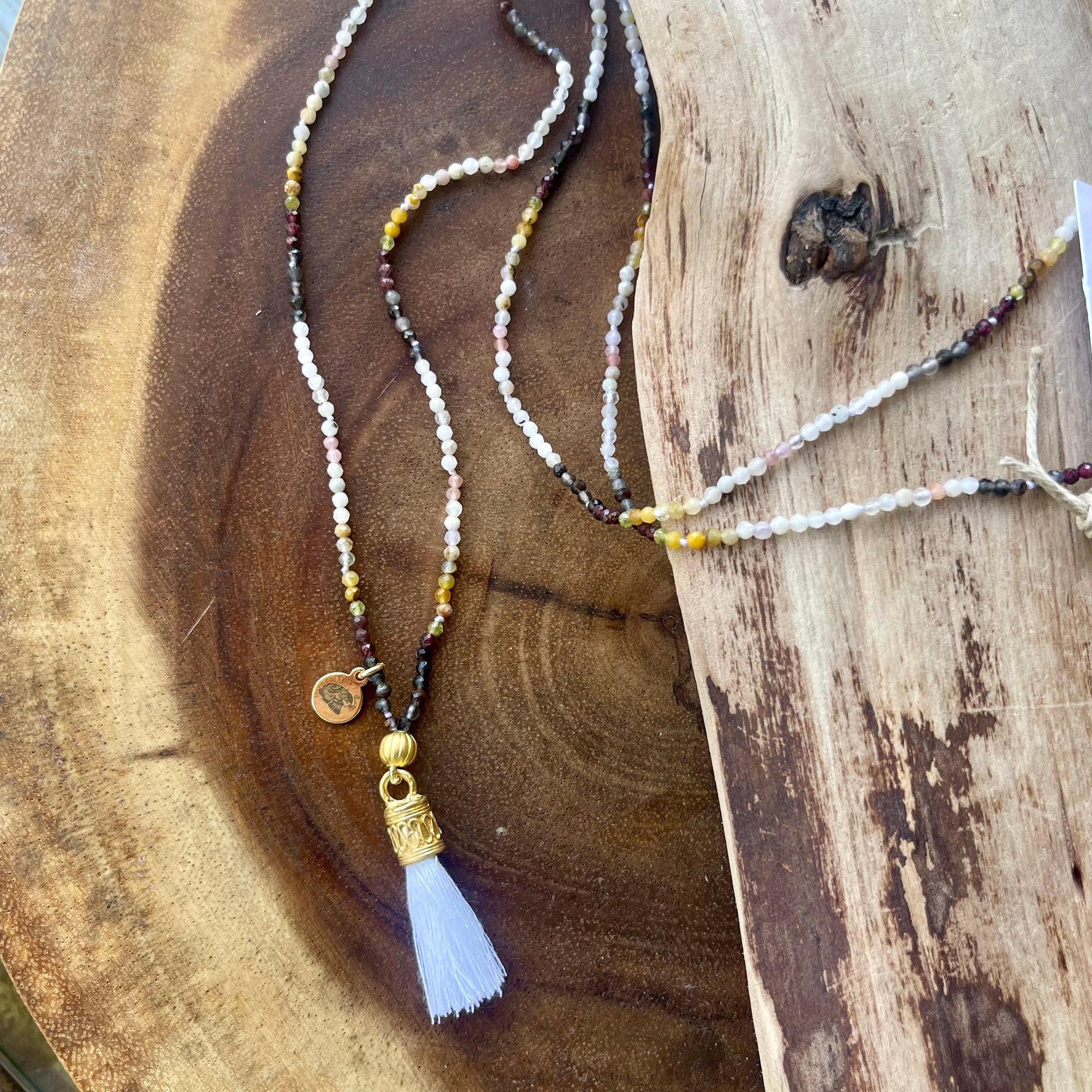 Native American Multi Earth Color Mala Prayer Bead Necklace with White tassel
