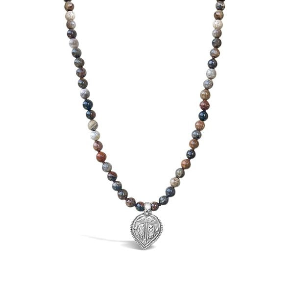 Fossil Coral Mala  Prayer Bead Necklace with Laxshmi amulet