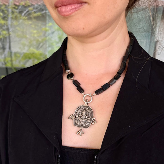 High Frequency Shungite Necklace Ganesha Amulet Pendant with Ganpati Bells