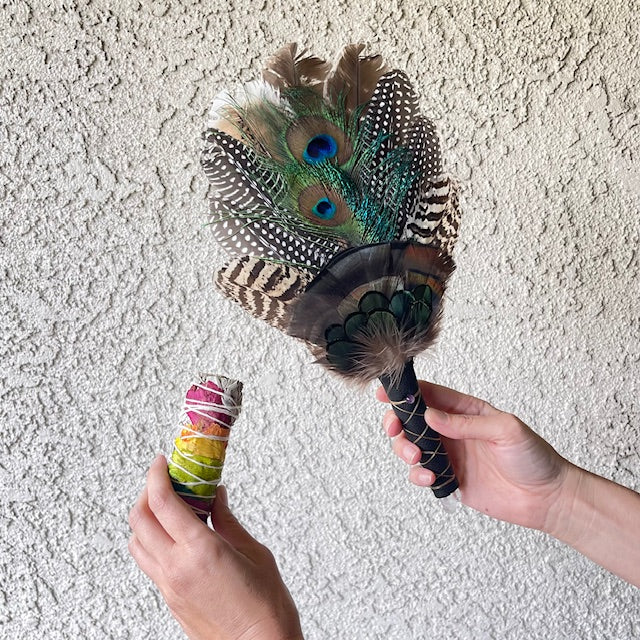 Native American Feather Fan for Smudge with Peacock Feathers