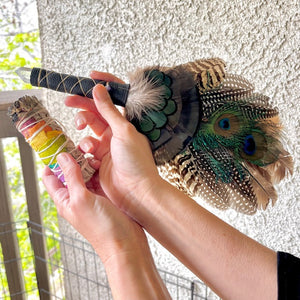 Native American Feather Fan for Smudge with Peacock Feathers