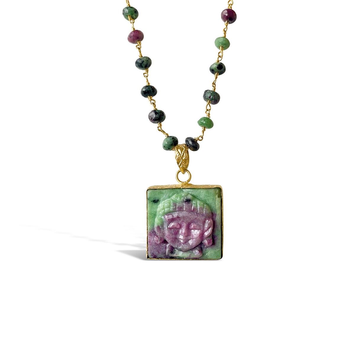 High Frequency Ruby Zoisite Carved Buddha Mala Prayer Bead
