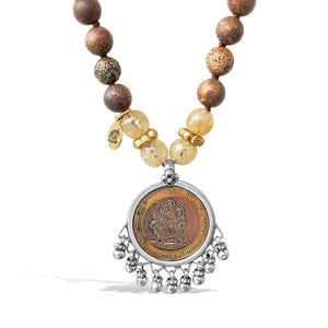 Tibetan Agate Mala Prayer Bead Necklace With Rupee Ganputi Amulet
