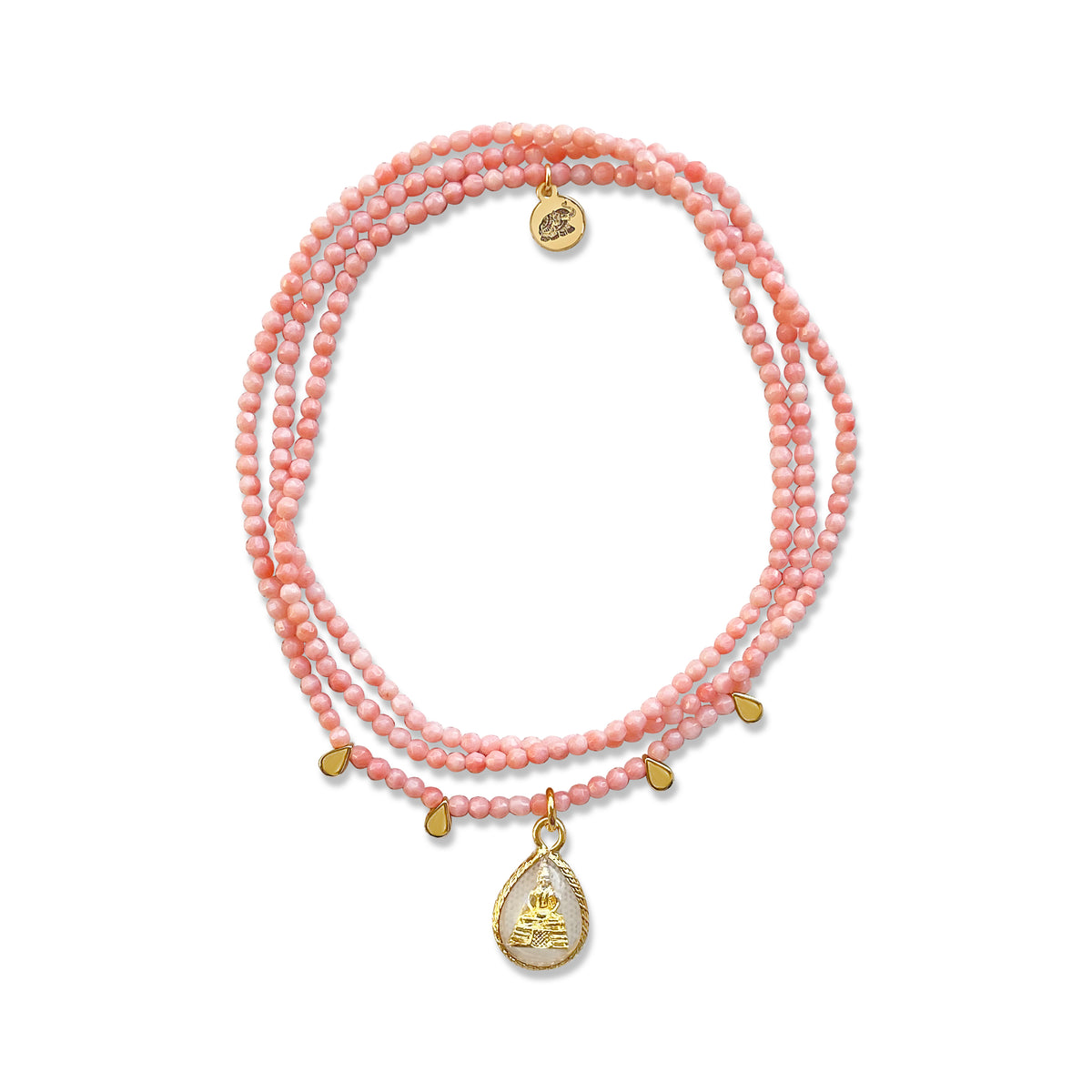 Pink Coral Mala Prayer-Bead Necklace with Buddha Amulet