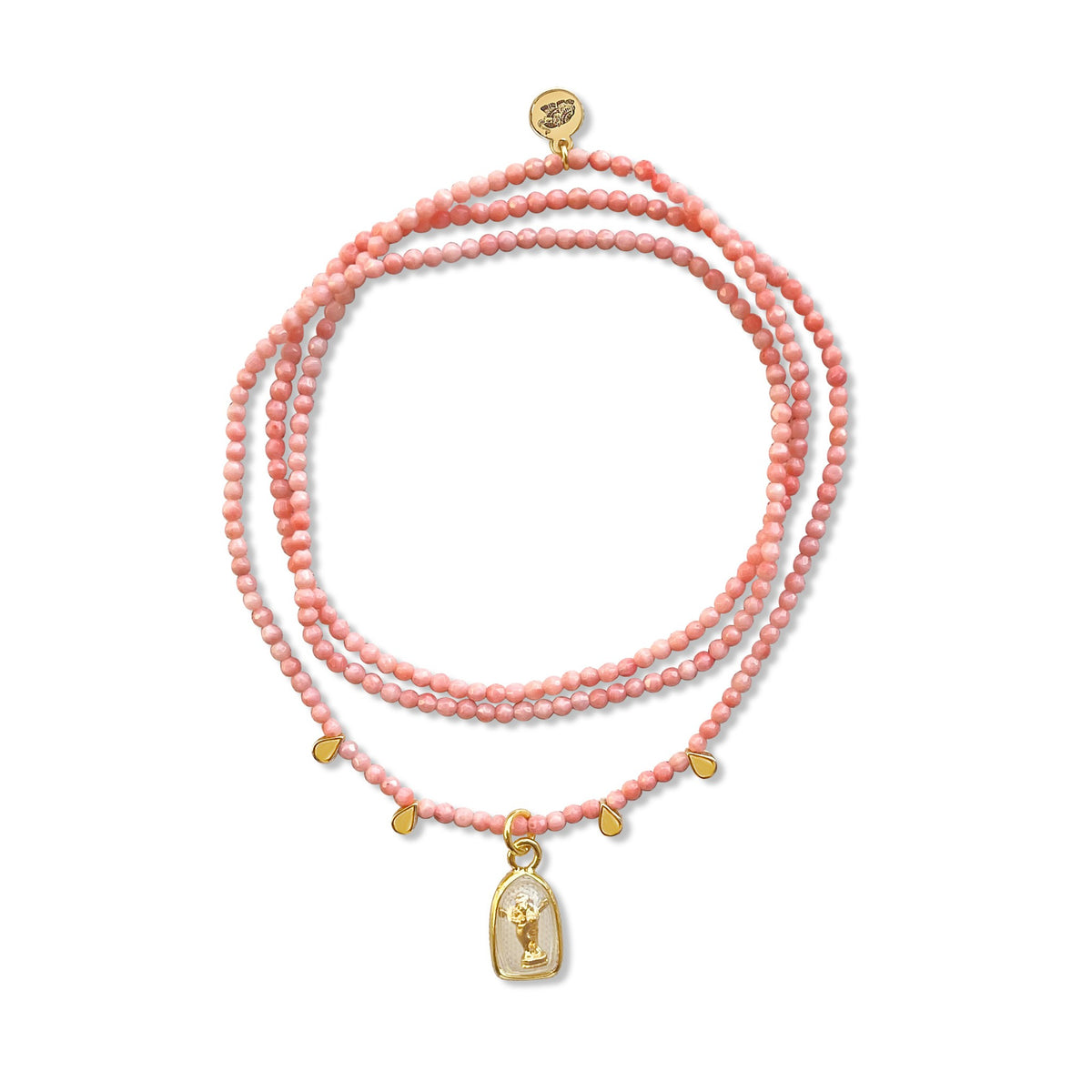 Pink Coral Mala Prayer Bead Necklace with Ganesha Amulet