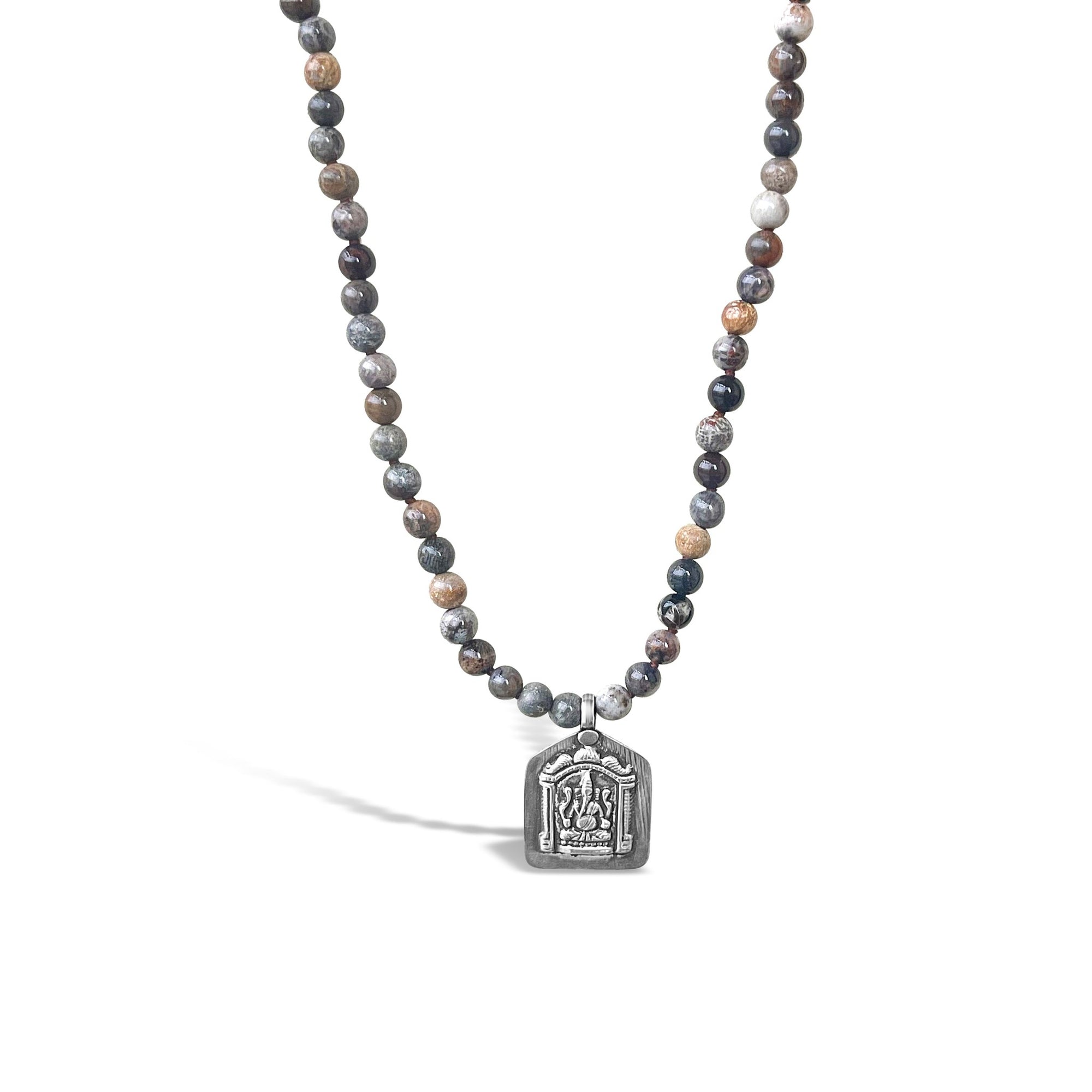 Fossil Coral Mala Prayer Bead Necklace with Ganesha