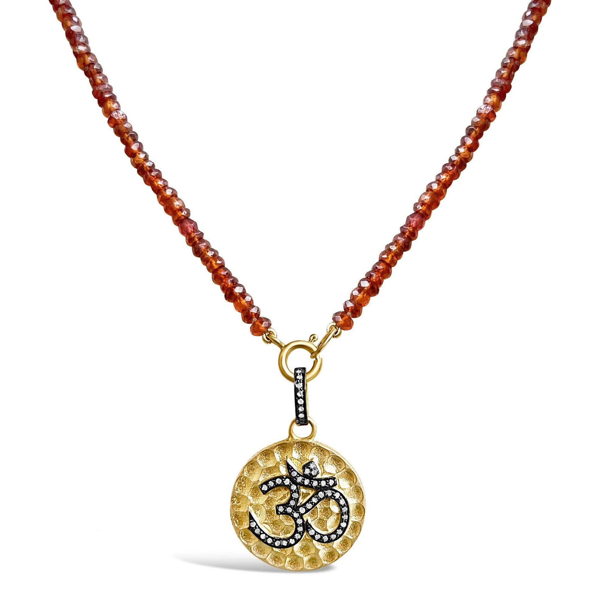 Astrological Gem Hessonite Beaded Necklace With Om Diamond Pendant