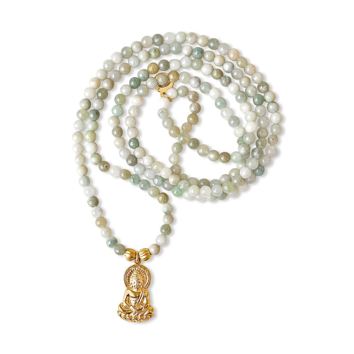 Jade Mala Prayer Bead Necklace with Buddha Pendant – Promoting Harmony, Abundance, and Inner Peace