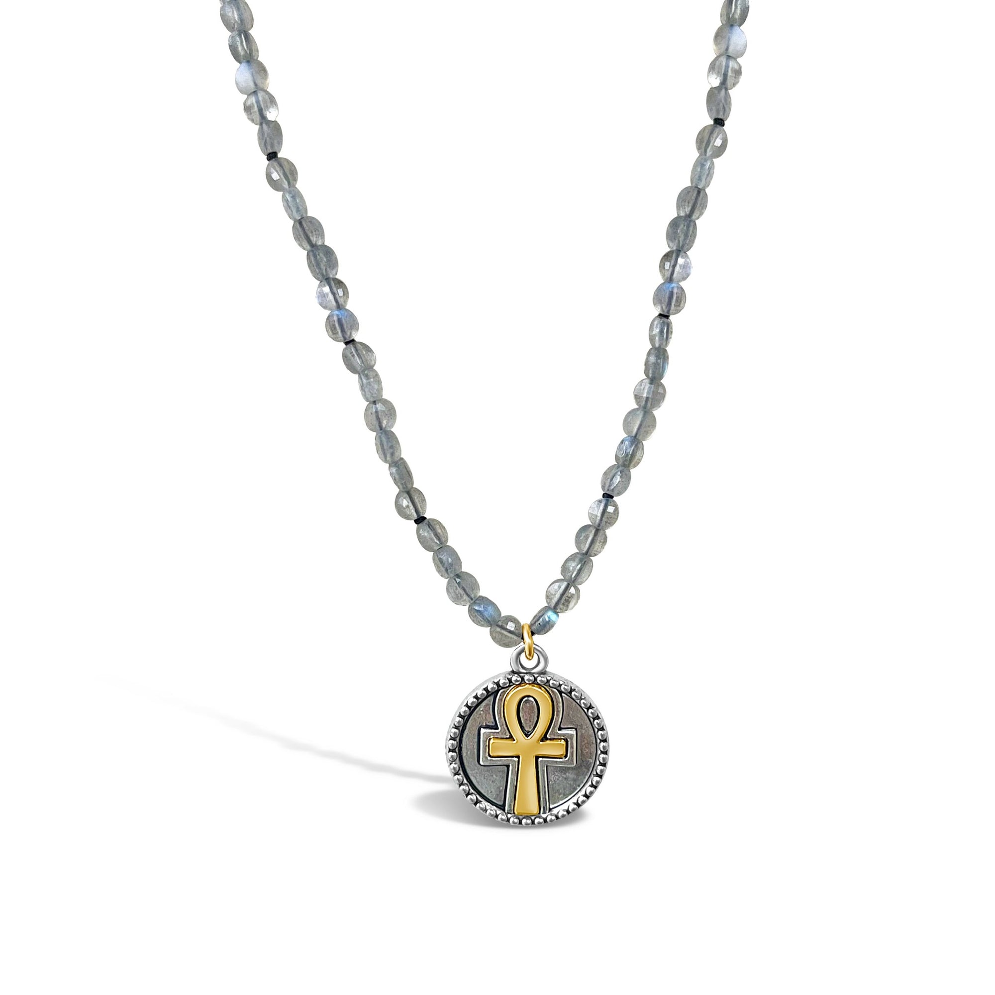 Labradorite Mala Prayer Bead Necklace with Ankh Amulet