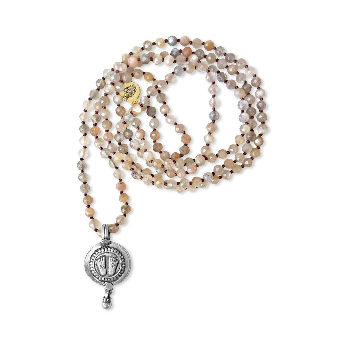 Peach Gray Moonstone Mala Necklace with Silver Lakshmi Feet Amulet – A Symbol of Abundance and Emotional Healing