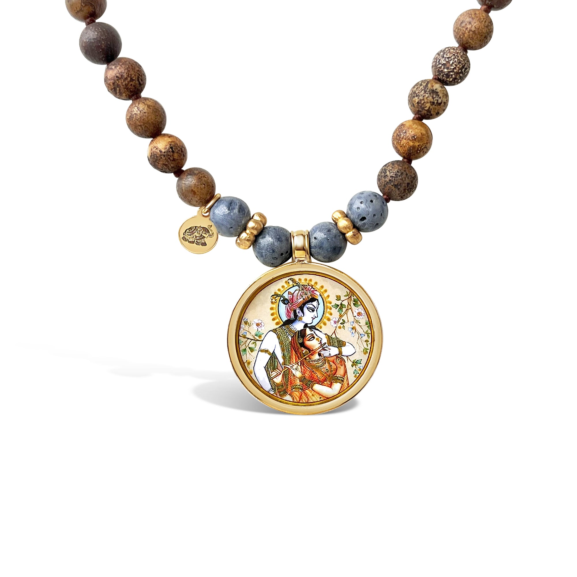 Tibetan Agate Mala Prayer Bead With Radha Krishna Amulet Pendant