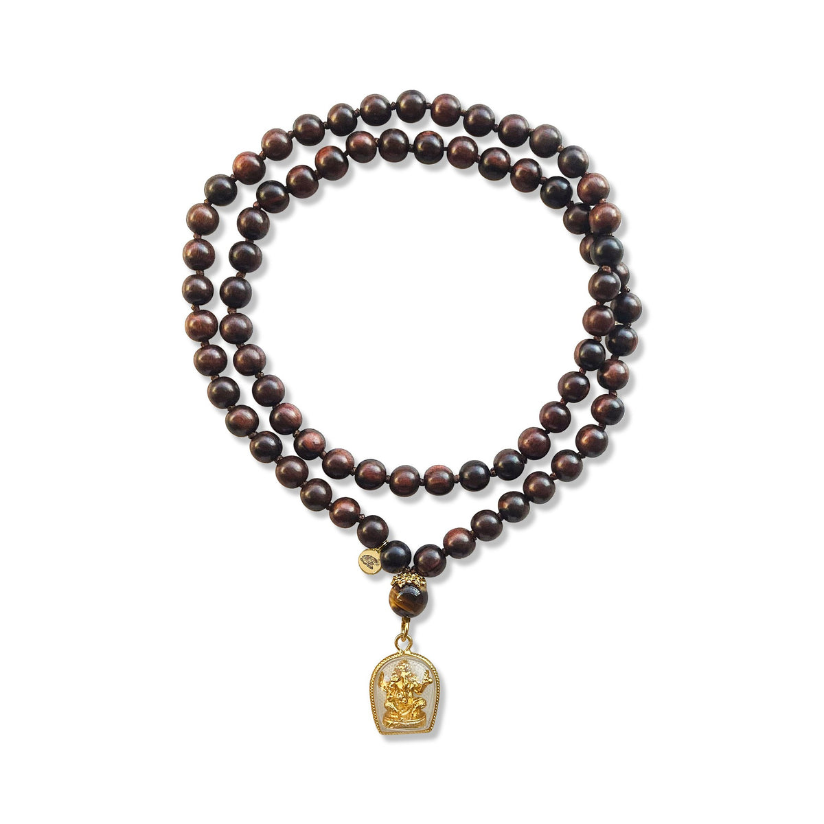 Wood Mala Prayer Bead Necklace with Ganesha
