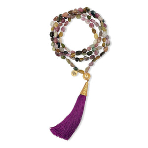 Watermelon Tourmaline Mala Prayer Bead Necklace With Silk Tassel