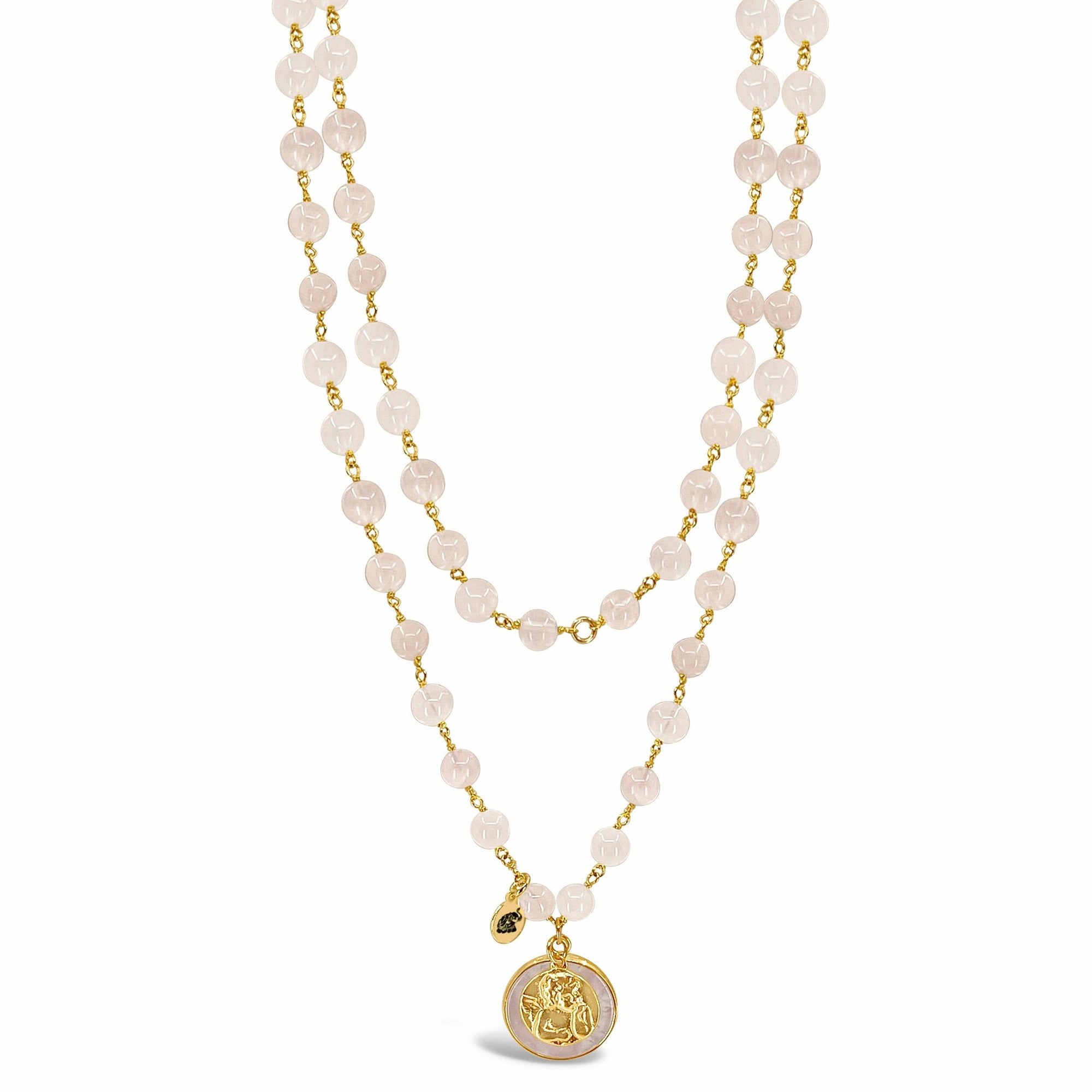 Rose Quartz Mala Prayer Bead Necklace | Guardian Angel Charm