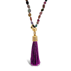 Watermelon Tourmaline Mala Prayer Bead Necklace With Silk Tassel