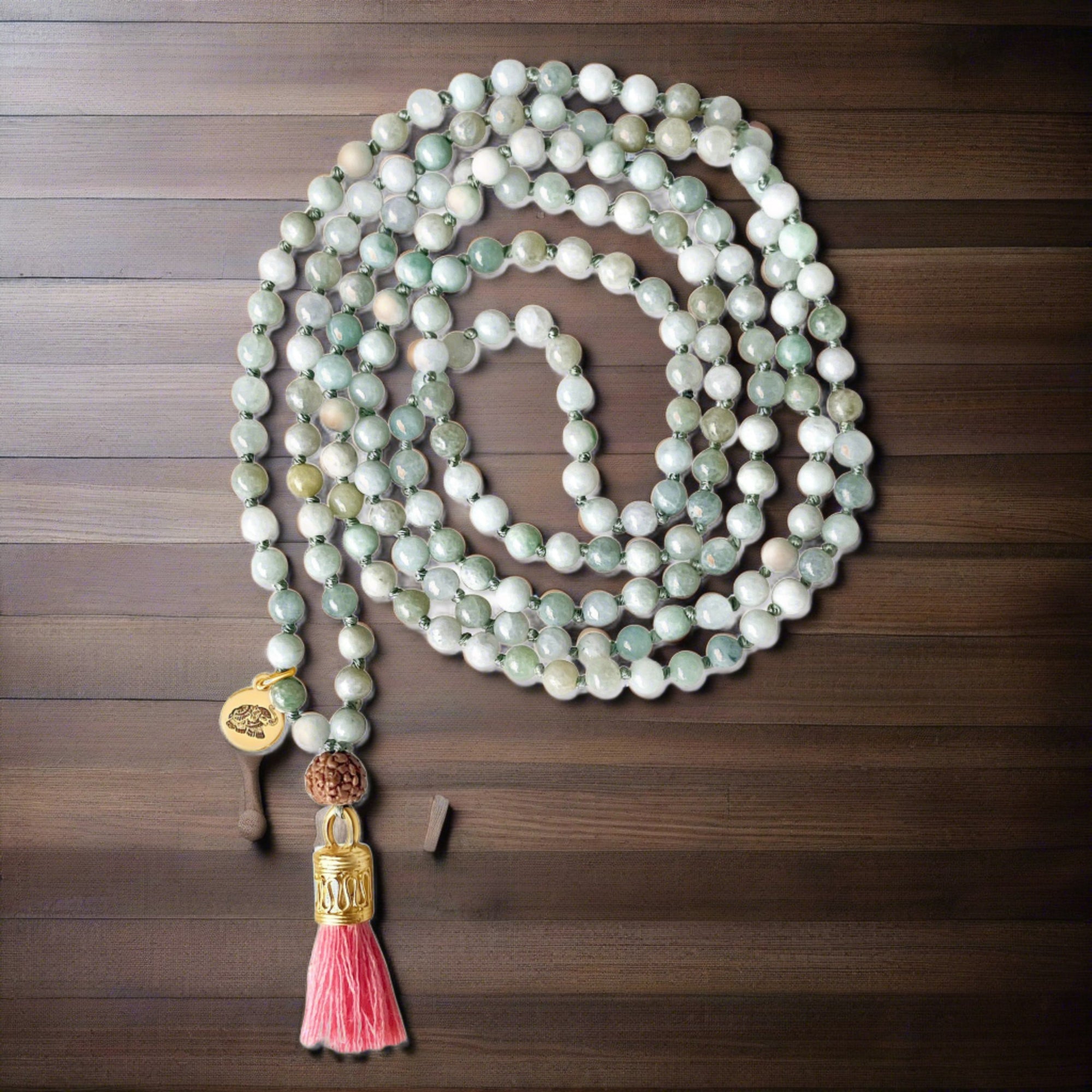 Jade Mala Prayer Bead Necklace With Rudraksha For Tranquility