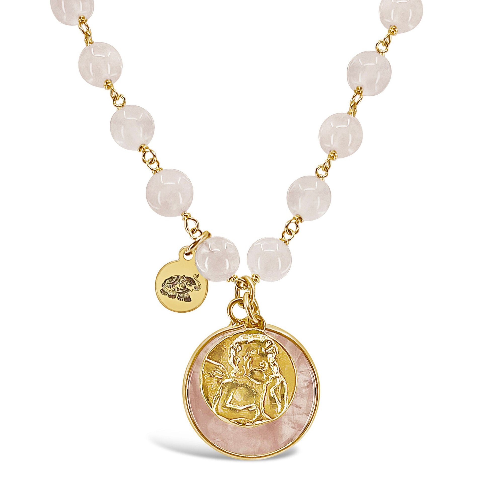 Rose Quartz Mala Prayer Bead Necklace | Guardian Angel Charm