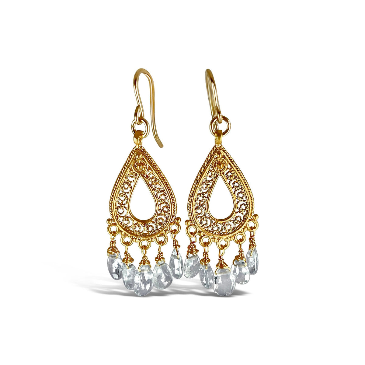 22k Gold-Plated Teardrop Filigree Earrings with Aquamarine for Elegance and Tranquility