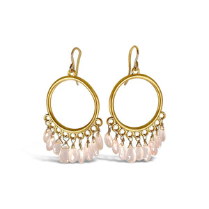 Rose Quartz Chandelier Hoop Earrings I 22K Gold Plated Indian Jewelry