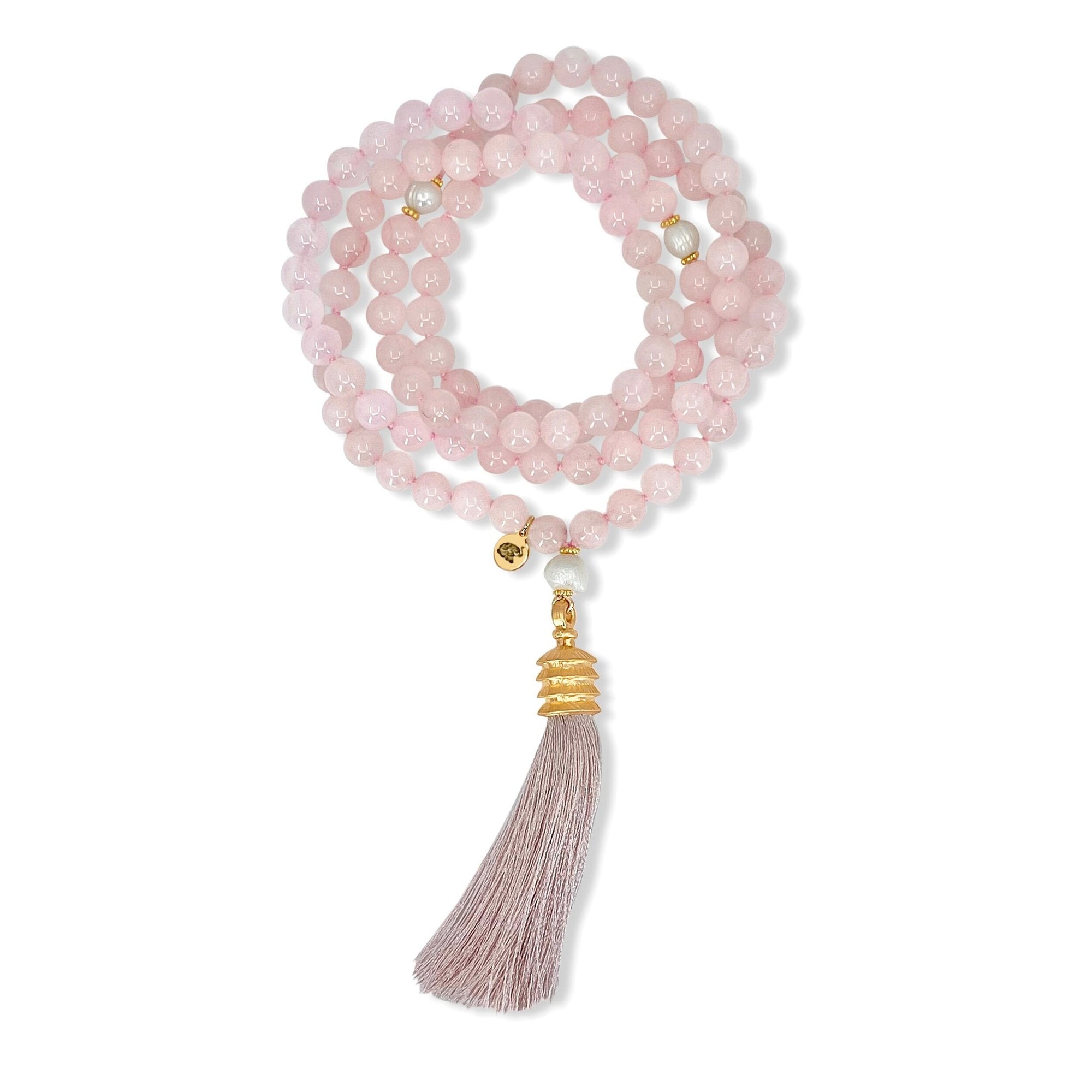 Rose Quartz Pearl Mala Prayer Bead Necklace