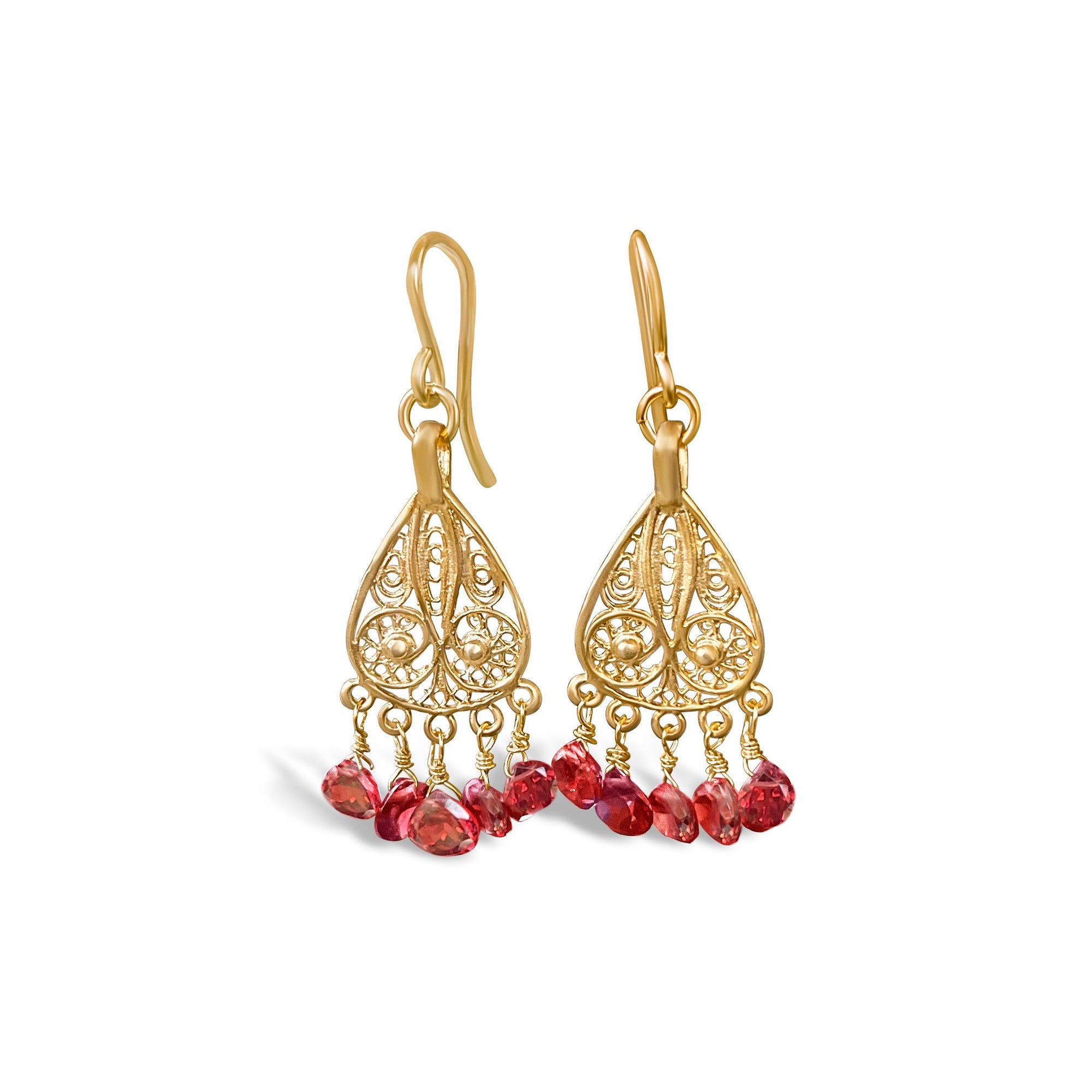 Garnet Filigree Chandelier Earrings | 22k Gold Plated Indian Jewelry