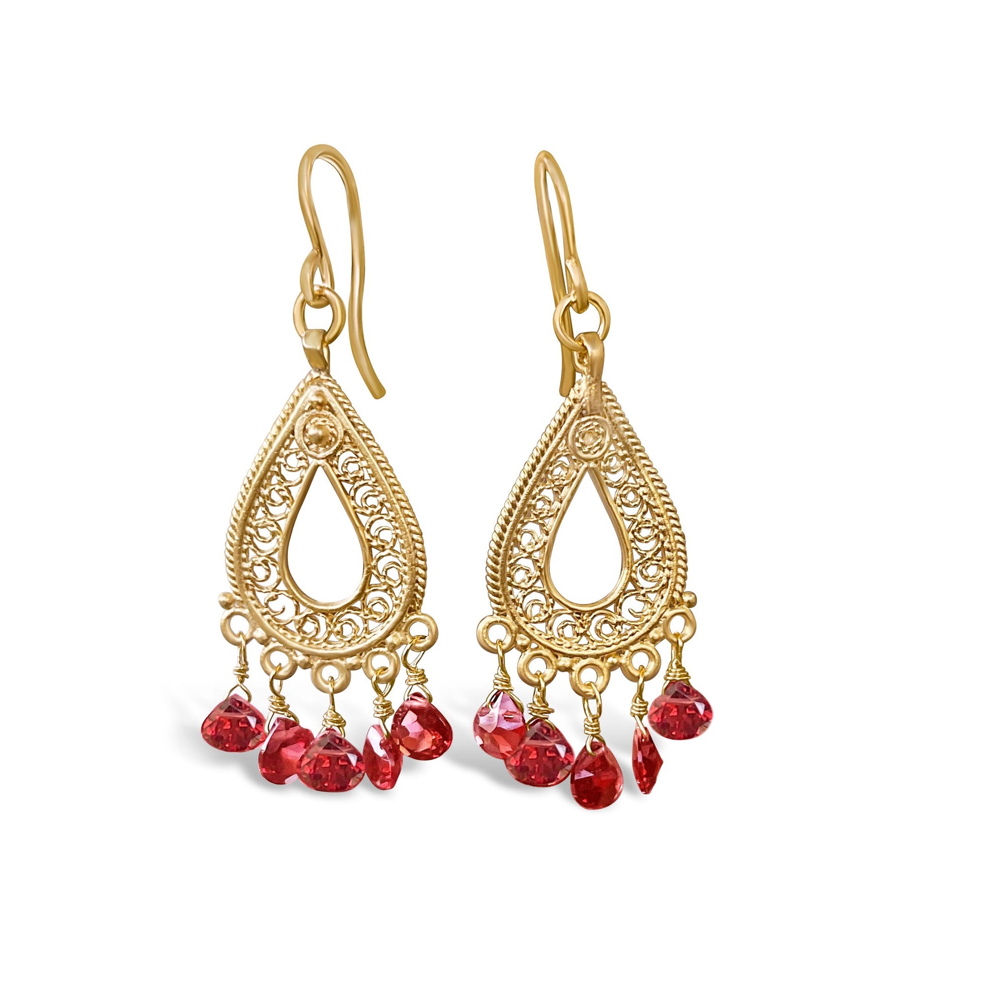 Garnet Tear Drop Chandelier Earrings | 22k Gold Plated Indian Jewelry
