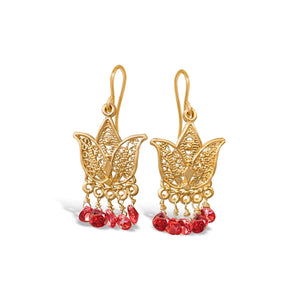 Garnet Lotus Chandelier Earrings | 22k Gold Plated Indian Jewelry