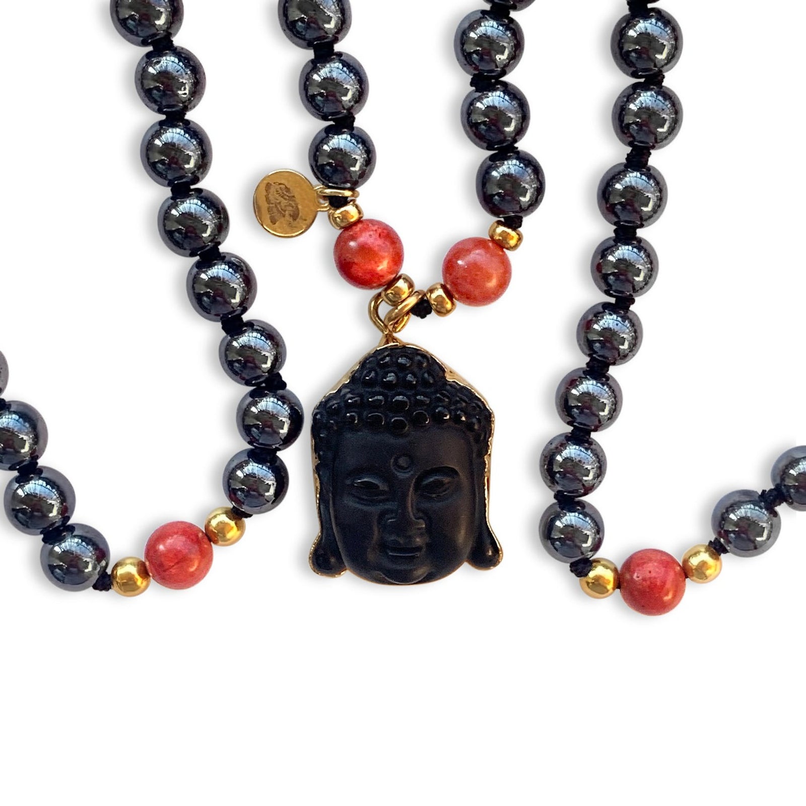 Hematite & Red Coral Mala Prayer Beads with Buddha Amulet