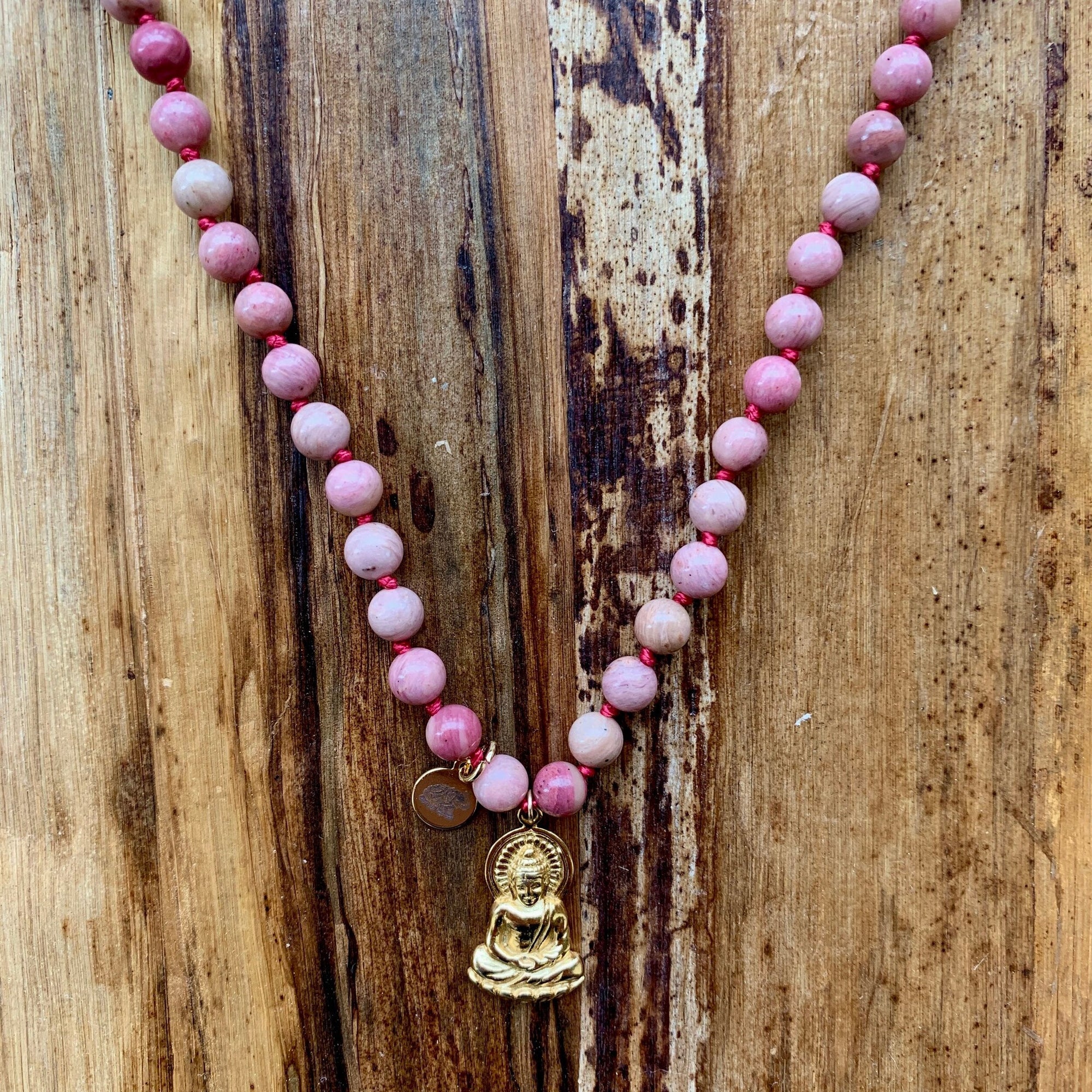 Rhodonite Mala Prayer Bead Necklace | Buddha Charm